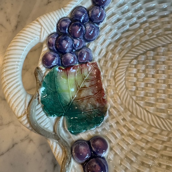 Fitz & Floyd Ironstone oval ceramic basketweave bowl. Features grapes & vines. - Picture 7 of 10